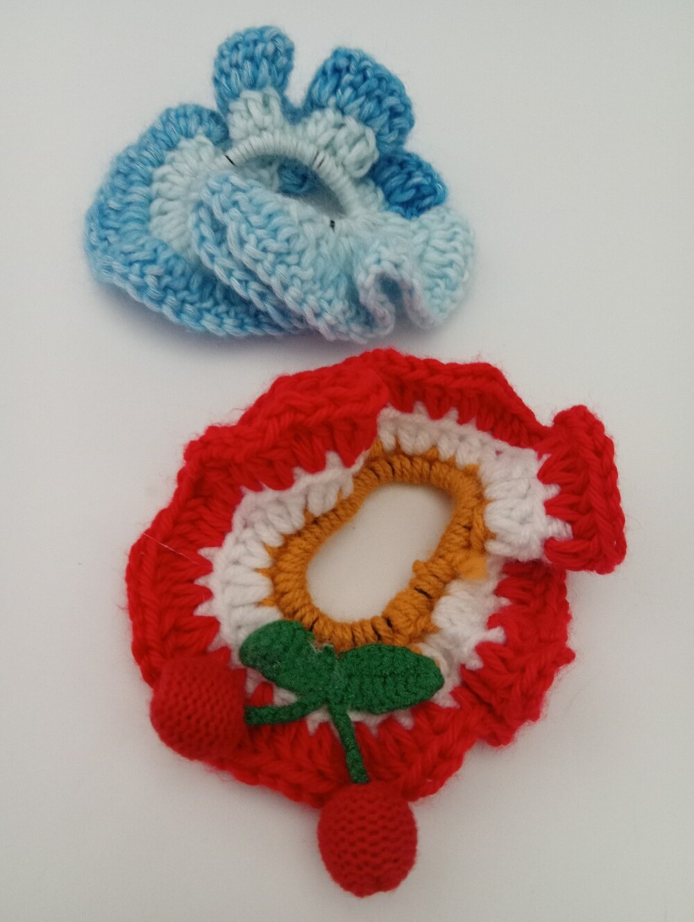 Handmade Crochet Hair Scrunchies - Blue & Red Cherry Accent